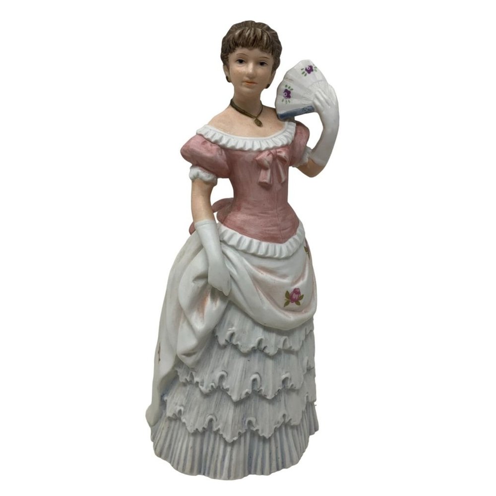Victorian Woman with Fan "Shall We Dance?" Brown Hair with Pink and White Dress